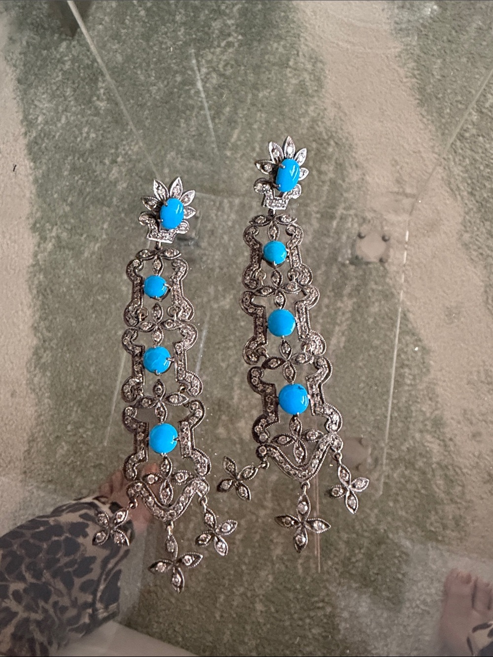 Silver Filigree Drop Earrings with Turquoise Accents - Picture 7 of 7
